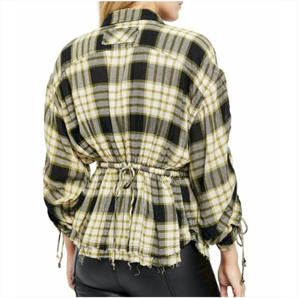 NWT Free People Green Wool Blend Pacific Dawn Plaid Ruched Peplum Raw Hem Blouse - Picture 5 of 15